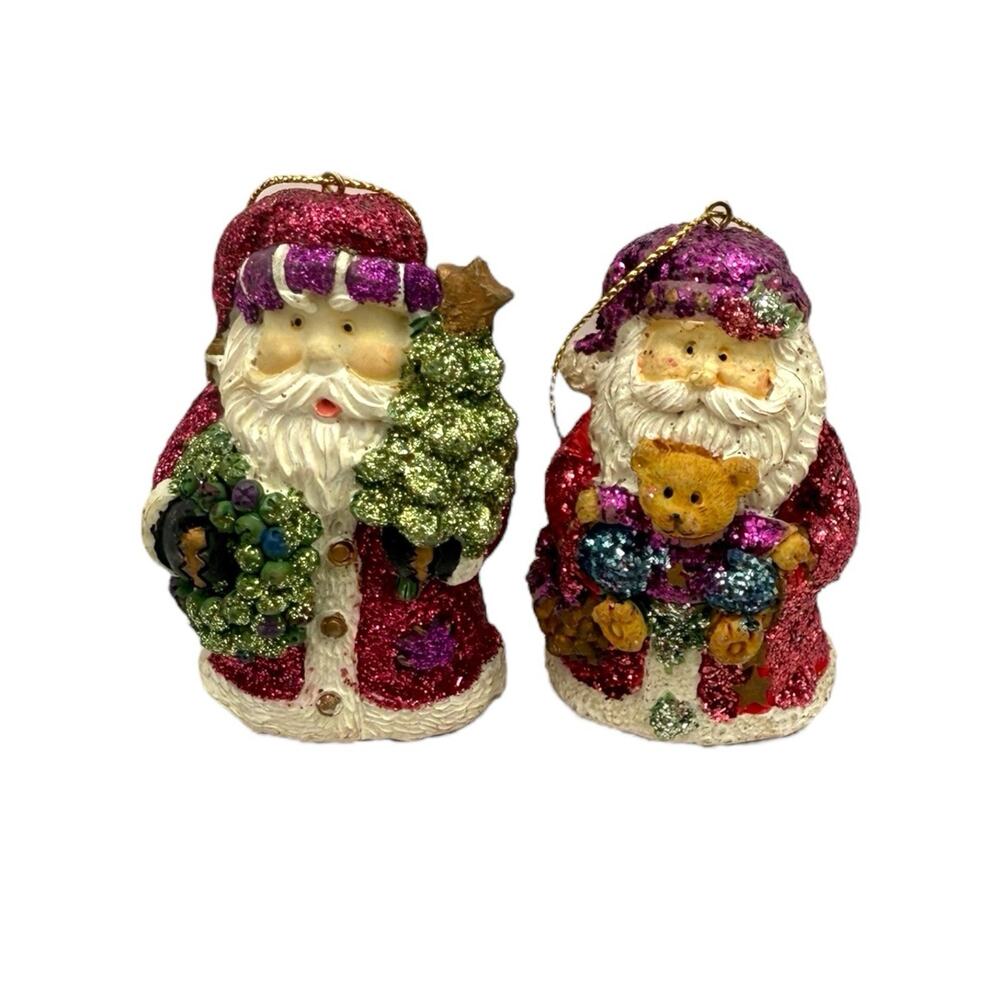Set Of 2 Santa Claus 3" Christmas Ornaments Glitter Present And Christmas Tree
